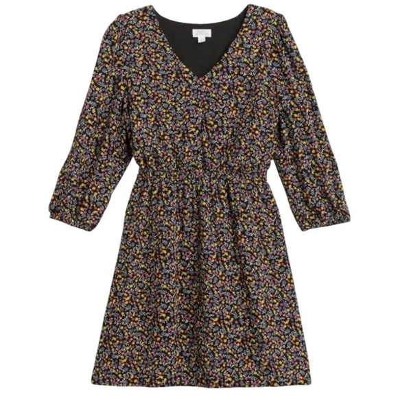 Market Spruce Cottage Micro Floral Midi Dress 2X Black Flowy Long Sleeve V-Neck - Picture 1 of 10